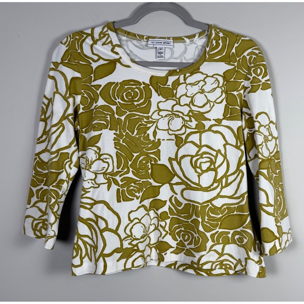St John Sport Olive Green White Floral Rose Scoop Neck 3/4 Sleeve Top Medium